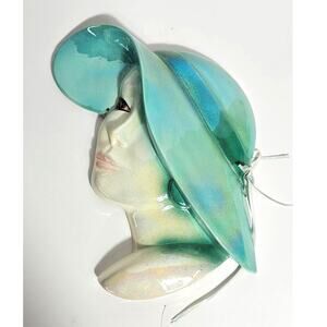 80s Vintage Ceramic Beautiful Woman with Teal New Wave Hat